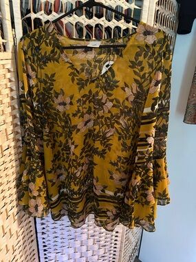 CAbi Mustard Floral Bell-Sleeve Tunic with Pink Blooms